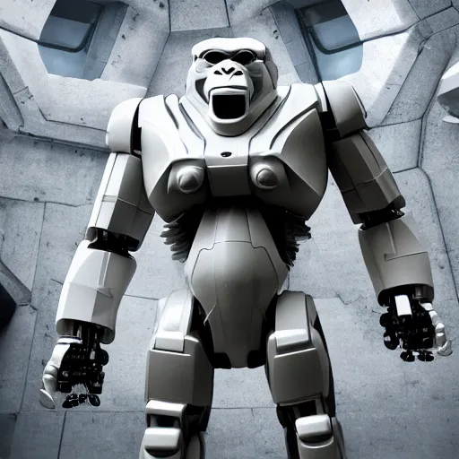 Image similar to huge full body white metalic gorilla mecha, with gorilla face, futuristic dystopian, mean, evil, isolated, with tiny human beside, ambient occlusion, 8k render, cg render, hyper real, realistic, octane