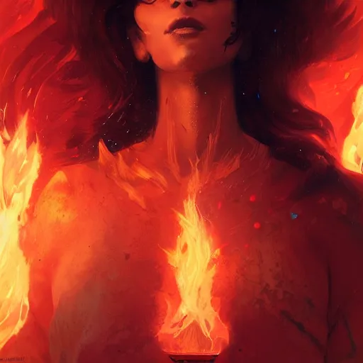 Image similar to a beautiful portrait of a flame goddess by Greg Rutkowski and Raymond Swanland, Trending on Artstation, Flaming Background, ultra realistic digital art