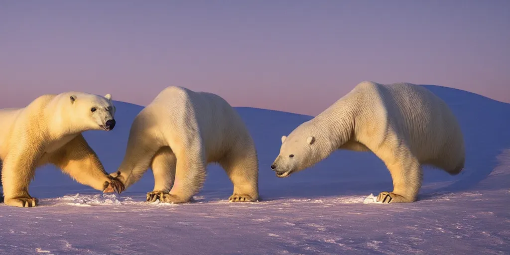 Image similar to a photo of a t-rex hugging a polar bear in the north pole, golden hour, award-winning photograph, national geographic, 8K UHD