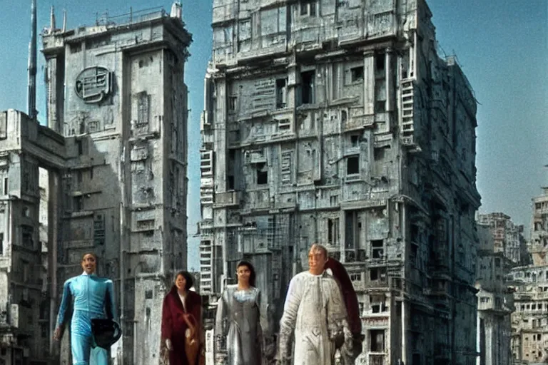 Image similar to a scene from the movie la felicita ( 1 9 7 1 ) by luchino visconti with mastroianni entering a scifi cyberpunk futurist city reminiscent of the ( ( ( ideal city by piero della francesca. technicolor ) ) ), cinematic, 5 0 mm, highly detailed