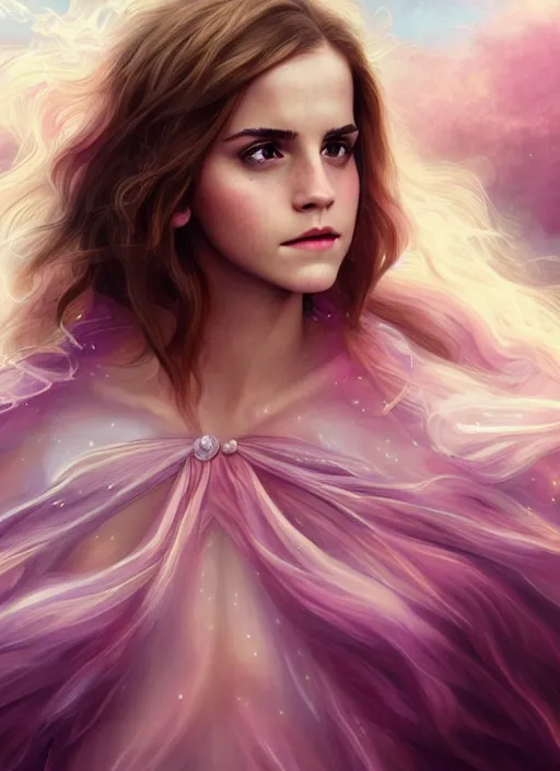 Image similar to emma watson as nature magic celestial, long hair, pink and transparent cloth, space, D&D, shiny background, intricate, elegant, highly detailed, digital painting, artstation, concept art, smooth, sharp focus, illustration, artgerm, bouguereau