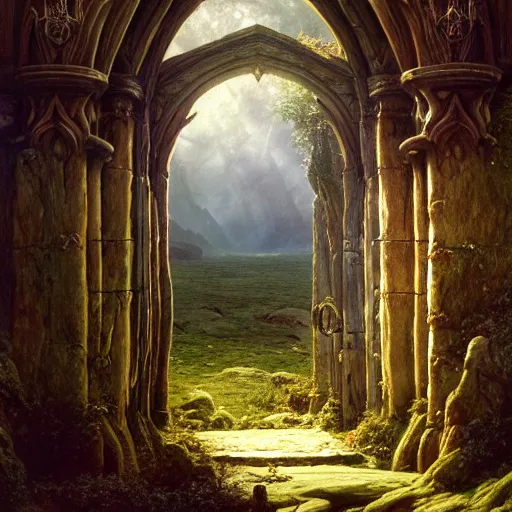 Image similar to a beautiful and highly detailed matte painting of an ancient elven doorway to avalon, epic scale, insanely complex, hyperdetailed, sharp focus, hyperrealism, artstation, cgsociety, 8 k, by caspar friedrich, albert bierstadt, james gurney, brian froud,