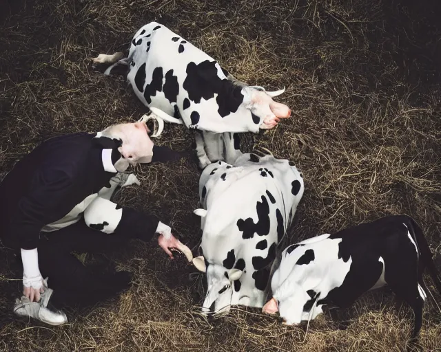 Prompt: incredible absurd nihilistic surreal photoshoot advertisement for dairy products such as milk, people enjoying milk in the style of tim walker, cow farm, vsco film grain
