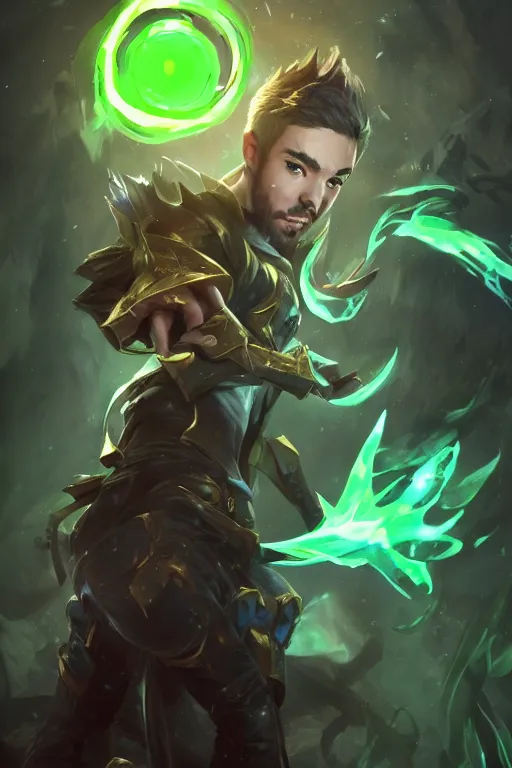 Image similar to a portrait of the YouTuber jacksepticeye in the style of league of legends arcane by Greg Rutkowski, Sung Choi, Mitchell Mohrhauser, Maciej Kuciara, Johnson Ting, Maxim Verehin, Peter Konig, final fantasy , mythical, 8k photorealistic, cinematic lighting, HD, high details, atmospheric,