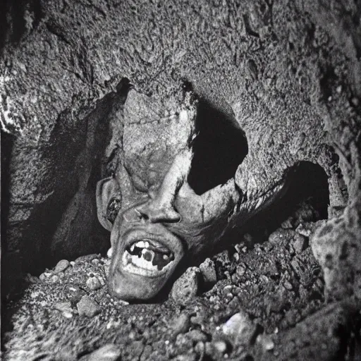 Image similar to photo inside a cavern of a wet reptilian humanoid robert wyatt partially hidden behind a rock, with black eyes, open mouth and big teeth