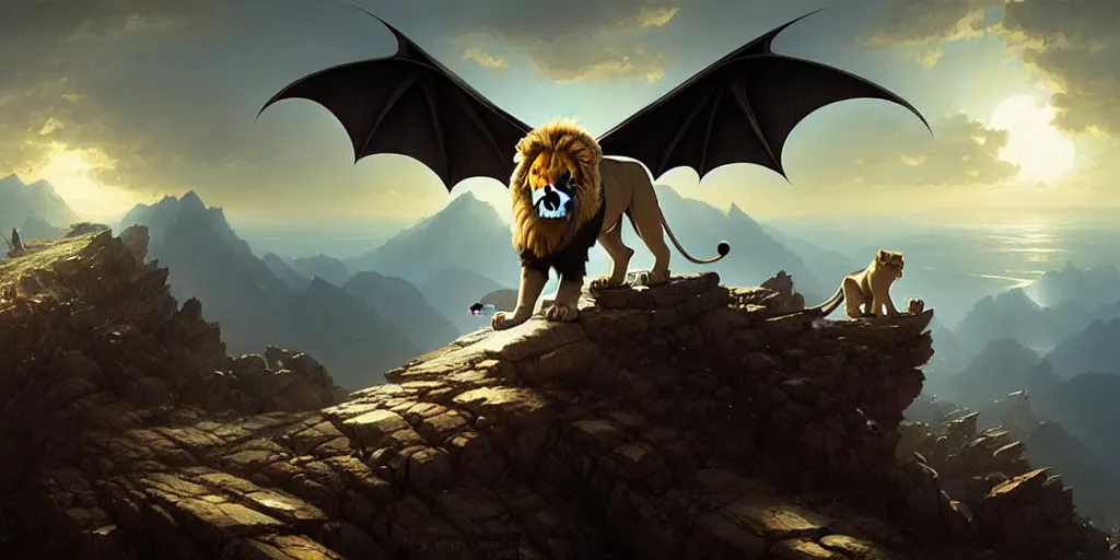 Image similar to Lion with and bat wings on a top of a mountain, art by Greg Rutkowski, highly detailed, fantasy, digital art, 8k, volumetric lighting