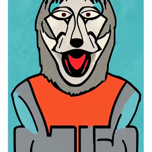 Image similar to portrait of retarded wolf, squint eyes, rabies, propaganda style, poster style