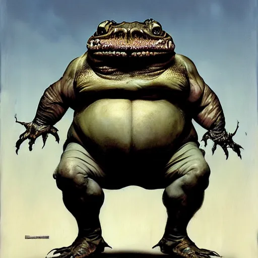 Image similar to photoreal portrait of an armoured bloated man resembling a toad, by boris vallejo and norman rockwell, artstation, horror, concept creature character art