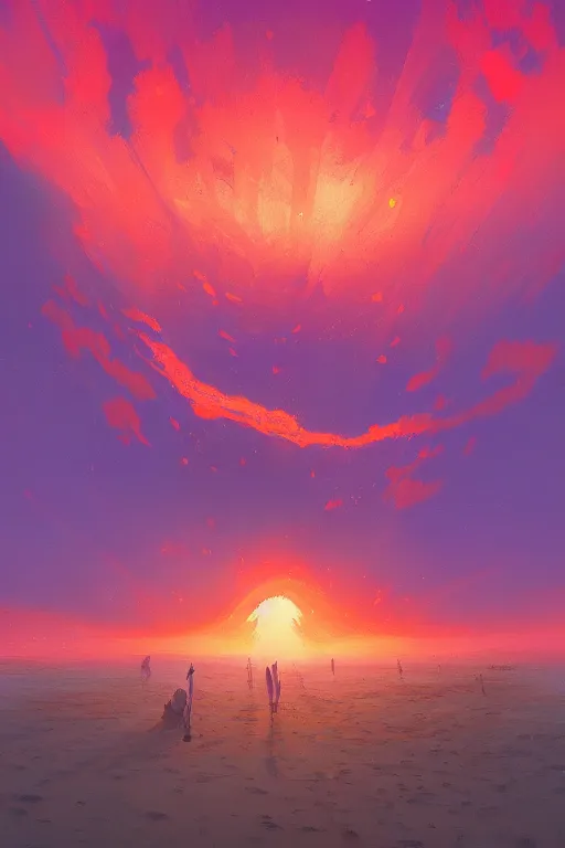 Prompt: a blazing comet comes down from the sky, beach surreal photography, sunrise, dramatic light, impressionist painting, colorful clouds, digital painting, artstation, simon stalenhag