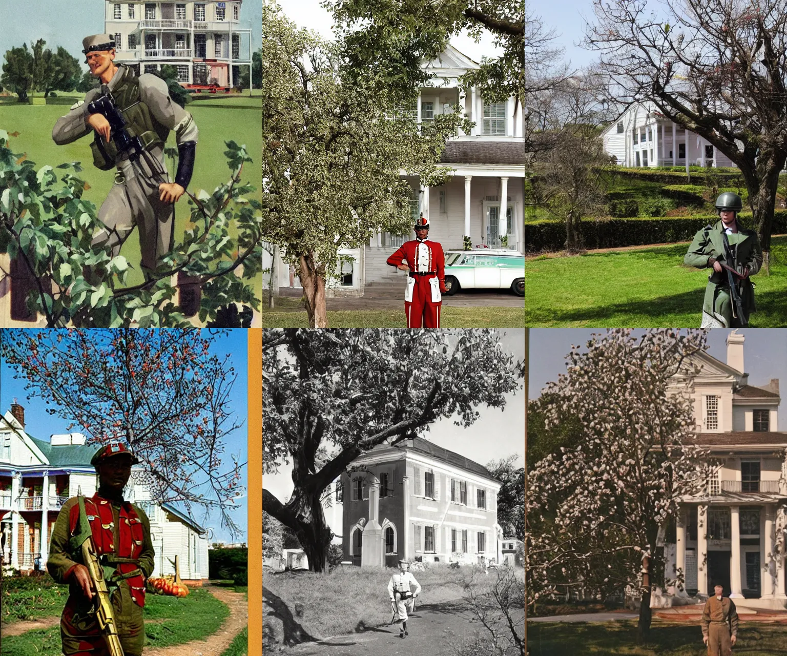 Prompt: retro-futurism, Soldier by apple tree, colonial house in background