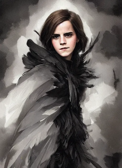 Prompt: emma watson with very short black hair and a huge cloak made of black raven feathers. beautiful highly detailed face. beautiful painting by artgerm and greg rutkowski and raymond swanland