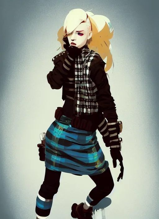 Image similar to highly detailed closeup portrait of a sewer punk female thief, tartan vestments, blonde hair by atey ghailan, by greg rutkowski, by greg tocchini, by james gilleard, by joe fenton, by kaethe butcher, gradient, blue, black, brown and cream color scheme, grunge aesthetic!!! white graffiti tag wall background