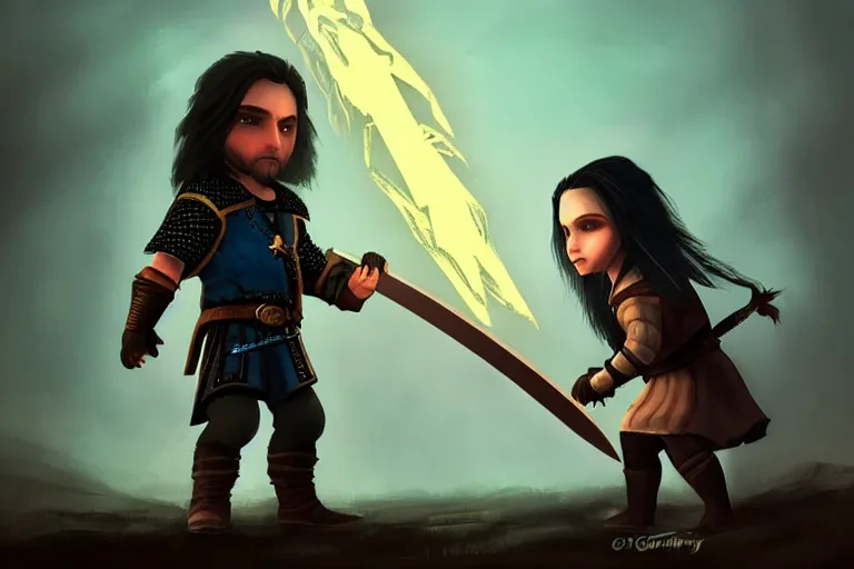 Prompt: Little Geralt and little Yennefer play together with wooden sword, Yennefer using magic spell, digital art by greg rutkowsky, masterpiece, balanced colors HD, artstation, volumetric lightning