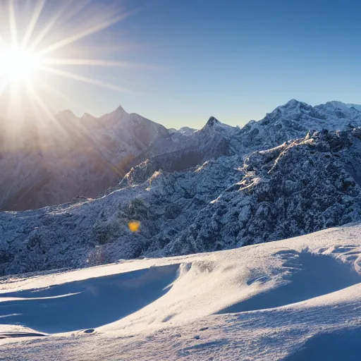 Prompt: the sun shines on the snowy mountains in the morning