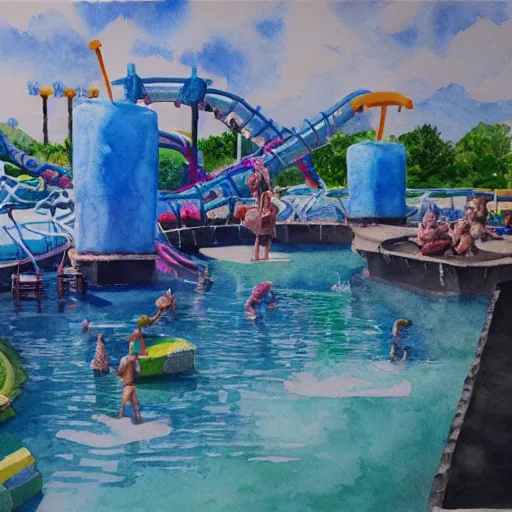 Prompt: water color on paper, water park fun, highly detailed, artstation, masterpiece, award - winning,