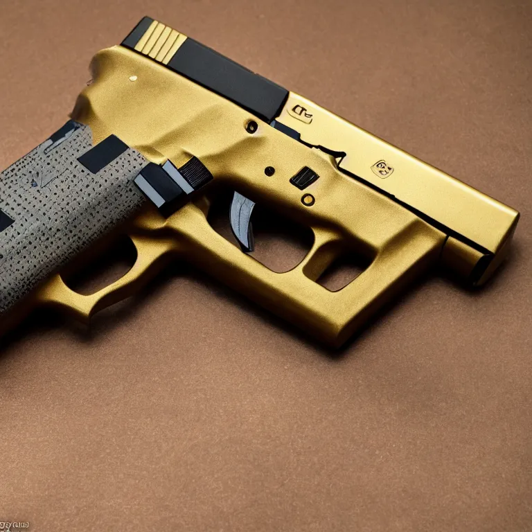 Image similar to a glock 19 made out of gold, photorealistic, 4k, vintage