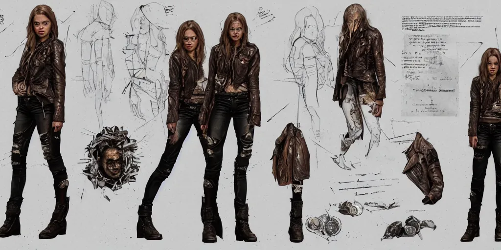 Image similar to samara weaving as a wanderer with tattooed arms and legs wearing a scratched leather and ripped aviator leather jeans, wearing a short black jacket with rusty medals on it, character sheet, head details, props, concept design, contrast, kim jung gi, greg rutkowski, trending on artstation, full body, turnaround, ultra wide angle, pincushion lens effect