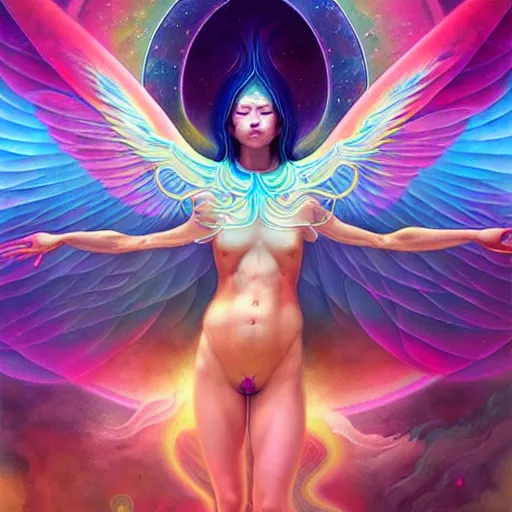 Prompt: psychedelic angelic celestial being artwork of hieu and peter mohrbacher, ayahuasca, energy body, sacred geometry, esoteric art, rainbow colors, divinity
