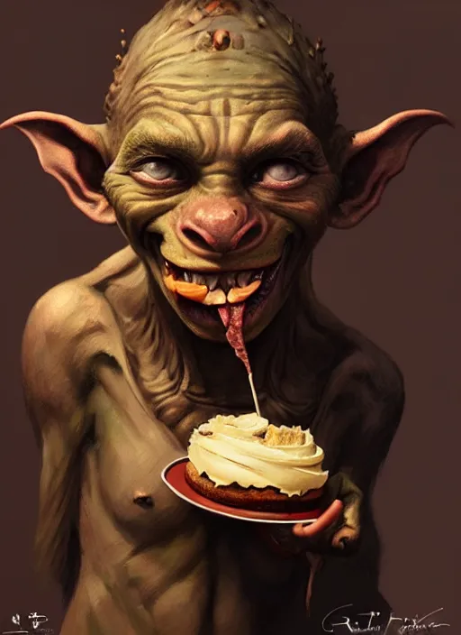 Image similar to portrait of a medieval goblin eating cakes, beautiful face, hyper realistic, highly detailed, digital painting, artstation, illustration, concept art by hyung tae and frank frazetta, digital paint, matte paint, washed colors, dark, gloomy