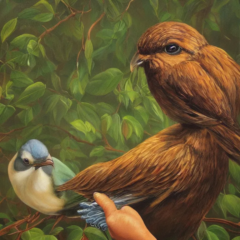 Image similar to a beautiful painting of a bird in hand is worth two in the bush, highly detailed, 8 k resolution