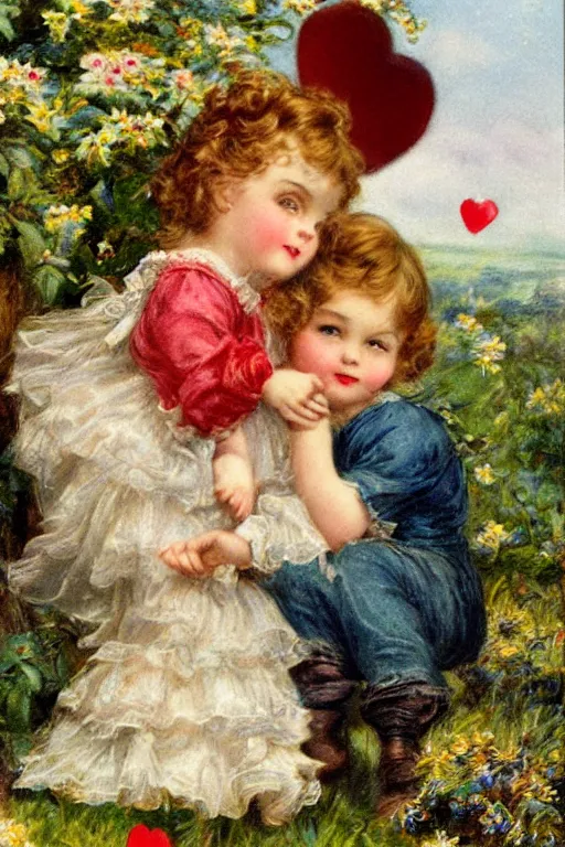 Prompt: beautiful digital oil vintage greeting card of a Valentine boy and girl by Arthur Hughes