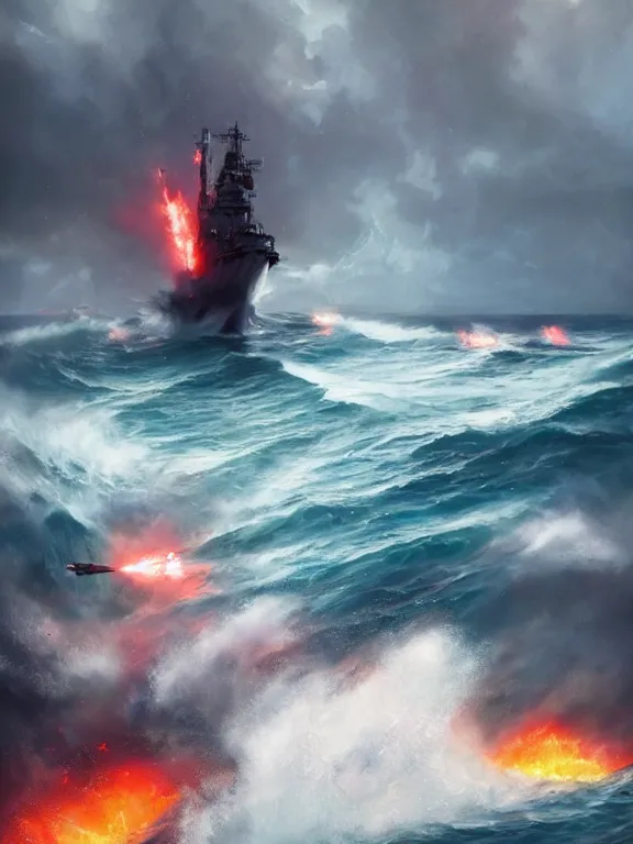 Image similar to photo of 8k ultra realistic burning battleship at sea, heavy storm, rain, large waves, full of colour, cinematic lighting, battered, trending on artstation, 4k, hyperrealistic, focused, extreme details,unreal engine 5, cinematic, masterpiece, art by Peter Mohrbacher