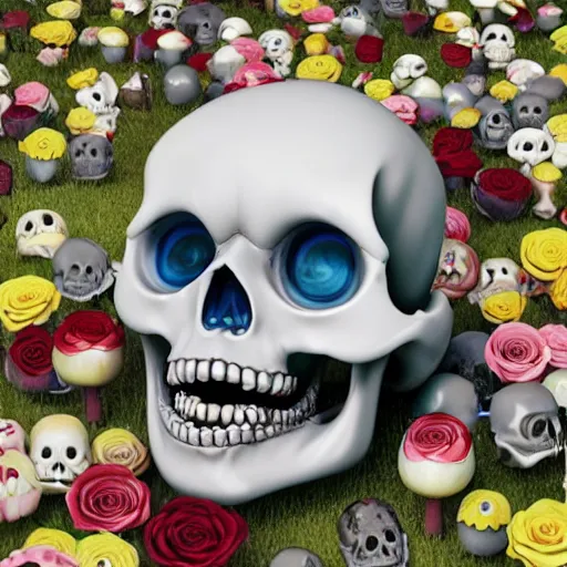 Image similar to Takashi Murakami, 3d render, octane render, A beautiful oil painting hyperrealism of a growing roses out of a skull head, bulging eyes, rotten green skin, grey beard, blue veins, skull bones flowers, 8k resolution, octane render, Trending on artstation, by Gediminas Pranckevicius, zdzisław beksiński, h.r. giger, dan mumford and jeffrey smith, volumetric light 2blue fractal Thunder glow, anaglyph effect, Laurie Lipton