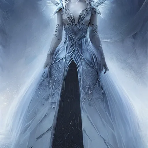 Image similar to kerli koiv as a ice queen full ball gown dress, darkwave, darksynth, concept art, sharp, digital matte painting, art by luis royo, greg rutkowski, wlop, dramatic lighting, trending on artstation