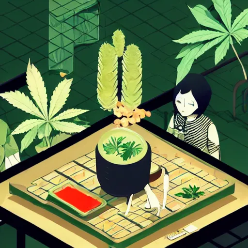 Image similar to neat composition cannabis leaf in pot cafe detailed cute characters, isometric fun style ink watercolor illustration, by ren hang, australian style video game still