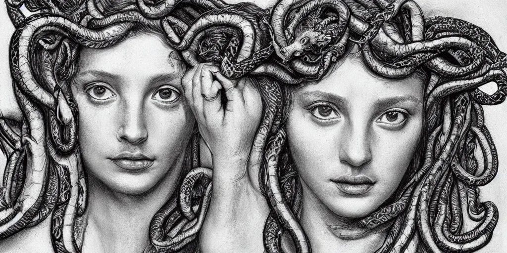 Prompt: realistic portrait of medusa with her snakes, golden, delicate, hyper realism, 1 4 5 0, ink, ultra realistic, 8 k