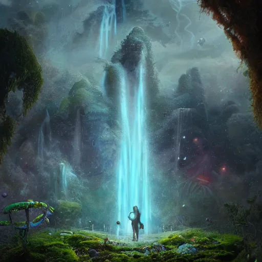 Prompt: tom bagshaw, mythical cosmic shrine, soft painting render curiosities carnival pond river vegetation rocks bugs wildlife mushrooms covered moss bioluminescent wisps, beautiful amazon full armor stunning waterfall, accurate features, focus, very intricate ultrafine details, random volumetric lighting, fog, award winning masterpiece, octane render 8 k hd, artstation