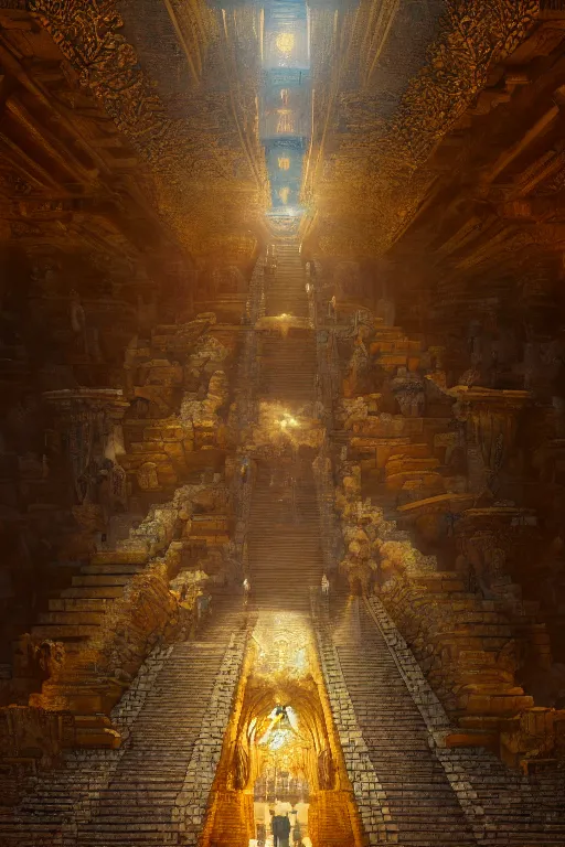 Image similar to inside a majestic aztec temple made of gold, intricate, elegant, volumetric lighting, digital painting, highly detailed, artstation, sharp focus, illustration, concept art, ruan jia, steve mccurry