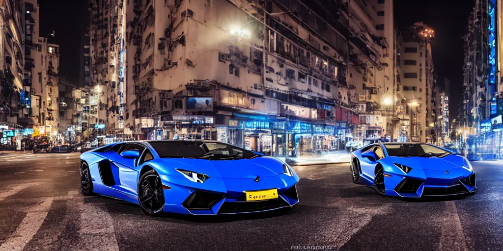 Image similar to lamborghini aventador with a light reflection in the middle of a road on the night Hong Kong china town, blue color grading, cinematic color grading , unreal 5, hyperrealistic, realistic, photorealistic, dynamic lighting, highly detailed, cinematic landscape, studio landscape, studio lighting