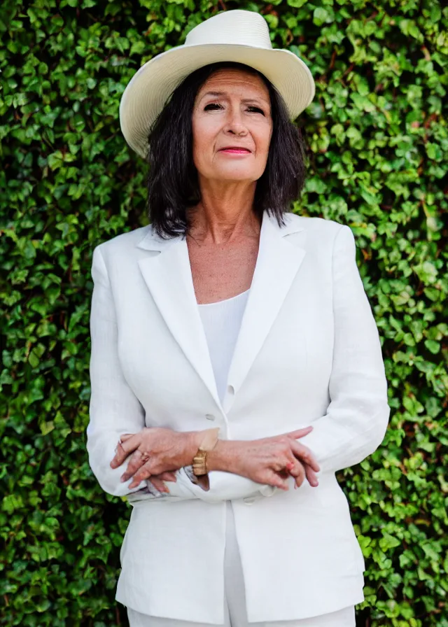 Image similar to close up portrait photo of a woman in her fifties wearing a white linen trouser suit and panama hat, standing in front of an ivy wall, 8 5 mm f / 1. 8, bokeh, backlit