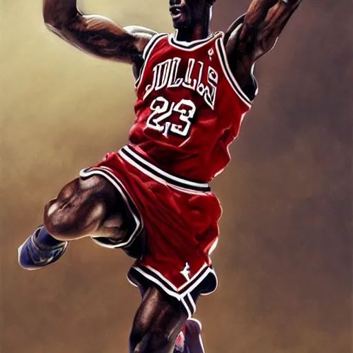 Prompt: epic portrait of michael jordan, dunking, detailed, digital painting, artstation, concept art, donato giancola, joseph christian leyendecker, wlop, boris vallejo, breathtaking, high details, extremely detailed, establishing shot, artistic, hyper realistic, octane render