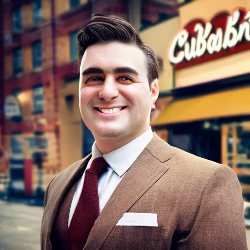 Prompt: Close up portrait of a clean-shaven chubby man wearing a brown suit and necktie with a bakery in the background. Photorealistic. Award winning. Dramatic lighting. Intricate details. UHD 8K. He looks very happy.