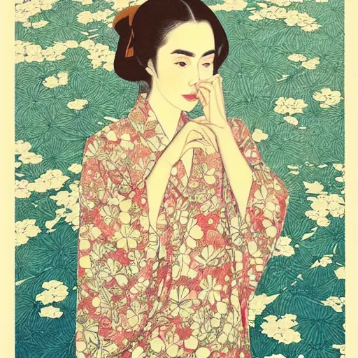 Prompt: “ lily collins portrait by ikenaga yasunari and ayana otake and ko rakusui, 6 0 s poster, drawing, realistic, sharp focus, japanese, dreamy, nostalgia, faded, golden hues, floral clothes, porcelain skin ”