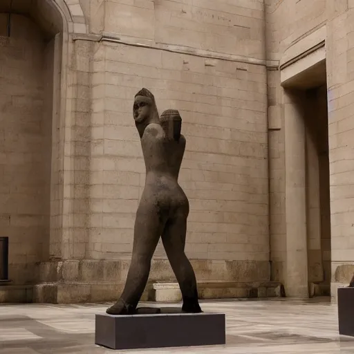 Image similar to futuristic ancient creature arrived through a portal, ancient statue in museum