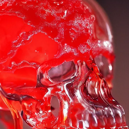 Image similar to transparent red liquid dripping inside in a transparent skull, alexander mcqueen