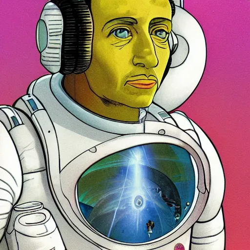 Image similar to a portrait of pilot stallone in spacesuit on field forrest spaceship station landing laying lake artillery outer worlds in FANTASTIC PLANET La planète sauvage animation by René Laloux