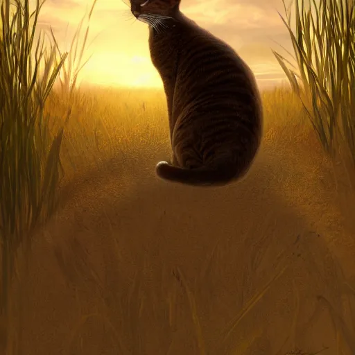 Prompt: cinematic shot of a stray cat who is brown standing on a hill looking to the horizon sunset stars digital painting, artstation, concept art, soft light, hdri, smooth, sharp focus, illustration, fantasy, intricate, elegant, highly detailed, D&D, matte painting, in the style of Greg Rutkowski and Alphonse Mucha and artemisia, 8k, highly detailed, jurgens, rutkowski, bouguereau, pastoral, rustic, georgic