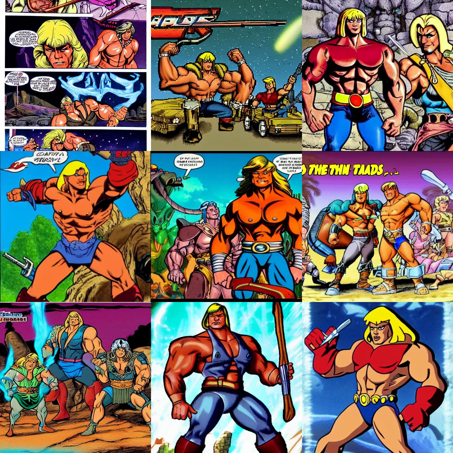 Prompt: He-Man in cadillacs and dinosaurs