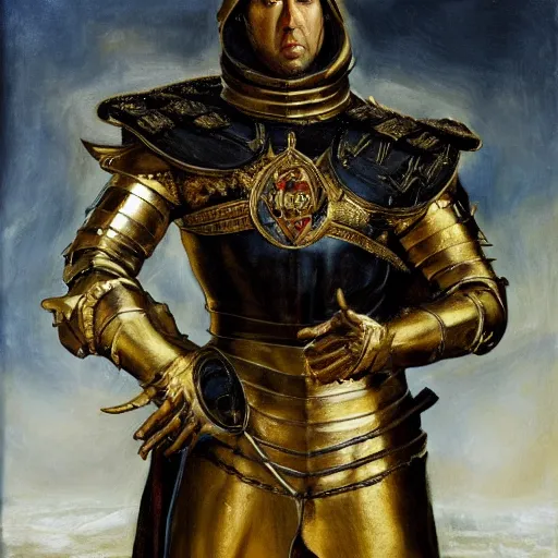 Image similar to Nicolas Cage in a gold armor, religious masterpiece portrait, oil on canvas, occult night, in the world of Andrew Wyeth and Dark Souls, artstation, by J. C. Leyendecker and Peter Paul Rubens,