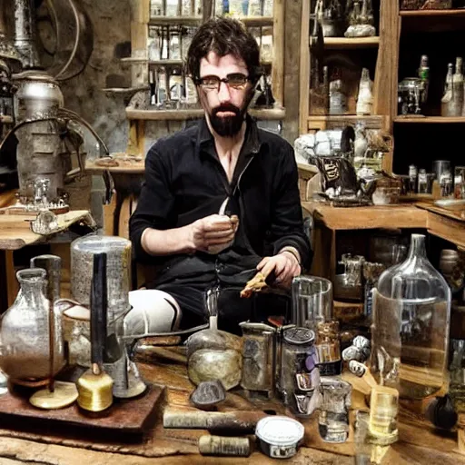 Image similar to An alchemist sitting in his workshop creating potions and formulas, style of Daniel Martin Diaz