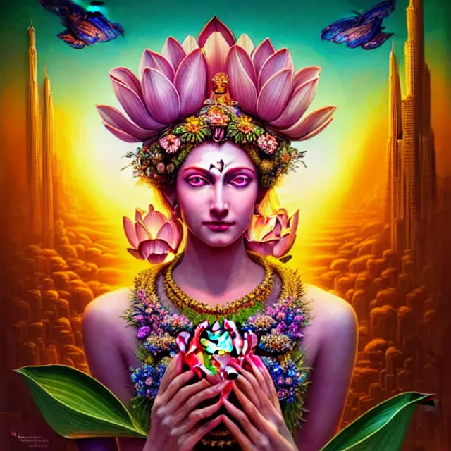Prompt: Beautiful 3d render of the flower queen goddess on a giant lotus, centered, symmetry, with the third eye on her forehead, painted, intricate, volumetric lighting, beautiful, rich deep colours masterpiece, sharp focus, ultra detailed, in the style of Dan Mumford and marc simonetti, with a clear crowded futuristic cyberpunk dubai city in the background, astrophotgraphy