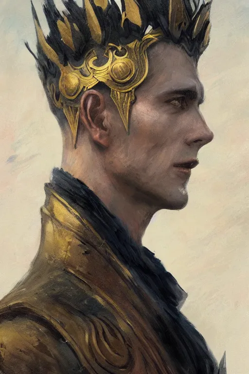 Prompt: a masculine elegant man from sideview and wearing golden laurel wreath, ethereal horror fantasy propaganda art by greg rutkowski and magali villanueve and monet con
