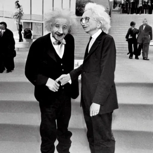 Prompt: Albert Einstein meeting stephen hawking on the red carpet