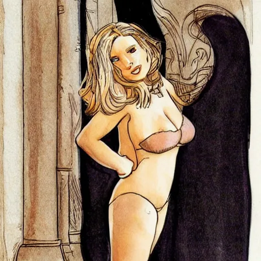 Prompt: Flirty Jennifer Lawrence drawing by Milo Manara