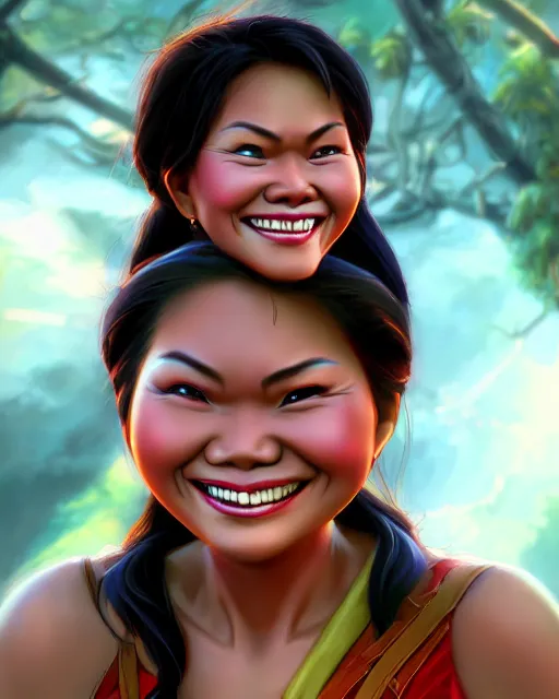 Prompt: smiling happy heavy filipina woman character portrait, by don bluth, sci - fi environment, highly detailed, dynamic shadows, 4 k, wallpaper - 1 0 2 4