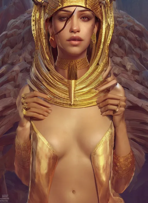 Image similar to the personification of the country egypt, au naturel, hyper detailed, digital art, trending in artstation, cinematic lighting, studio quality, smooth render, fluorescent skin, unreal engine 5 rendered, octane rendered, art style by klimt and nixeu and ian sprigger and wlop and krenz cushart